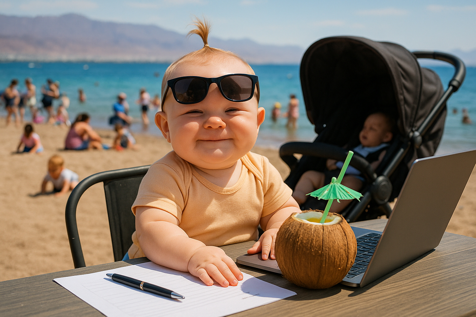 תמונה של תינוק על חוף הים או ליד גוף מים